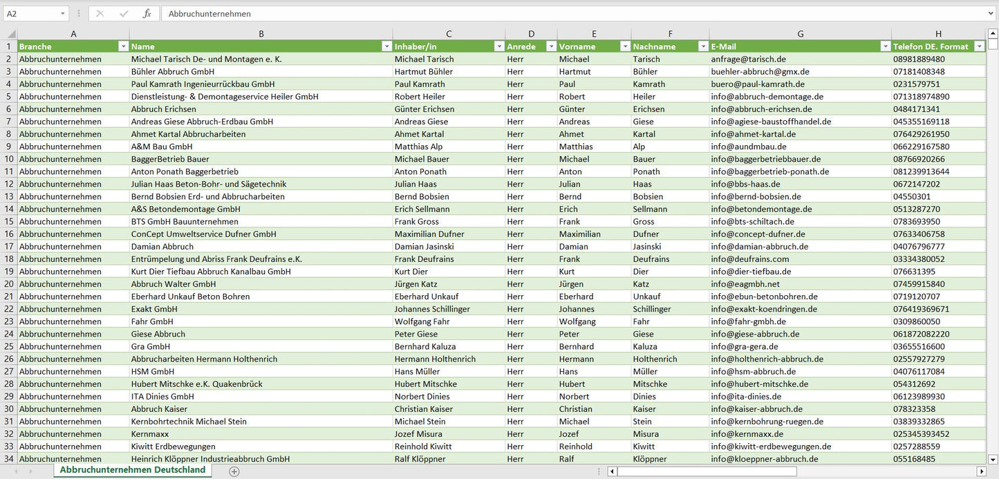 Vorschau der Liste mit den Abbruchunternehmen Adressen