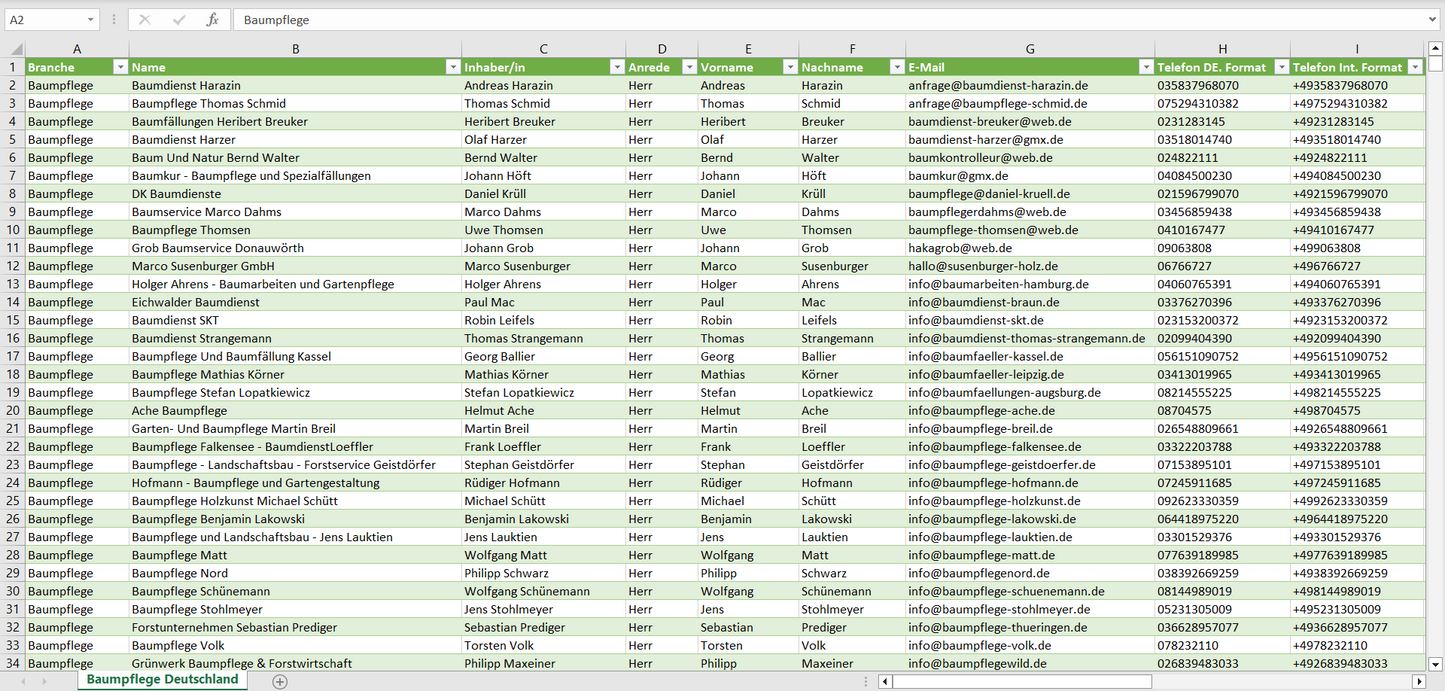 Vorschau der Liste mit den Baumpflege Adressen