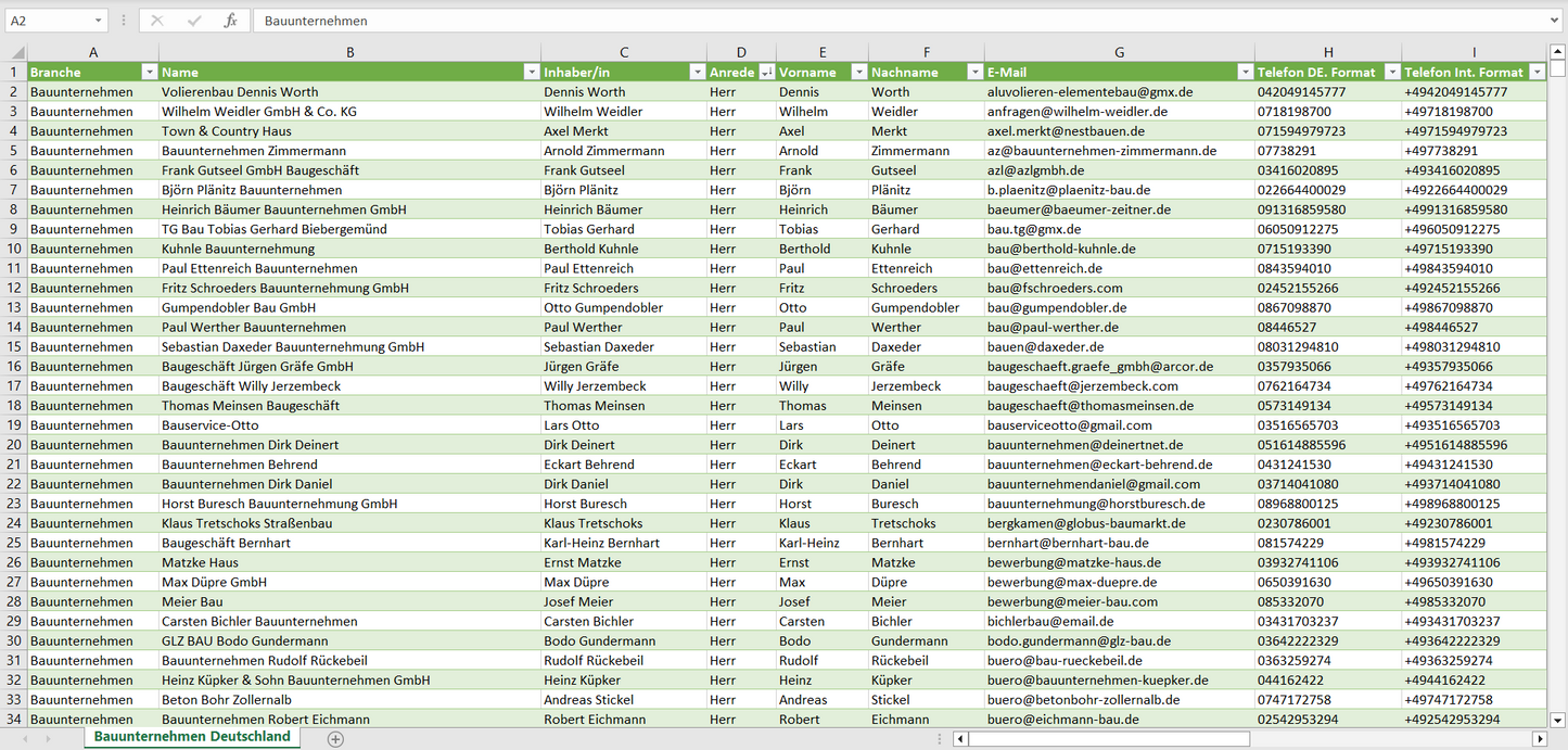 Vorschau der Liste mit den Bauunternehmen Adressen