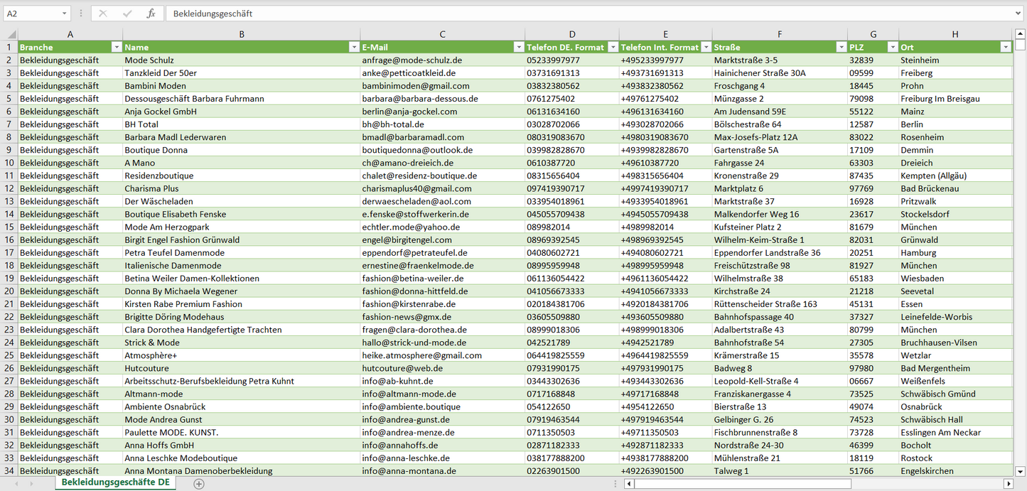 Vorschau der Liste mit den Bekleidungsgeschäft Adressen