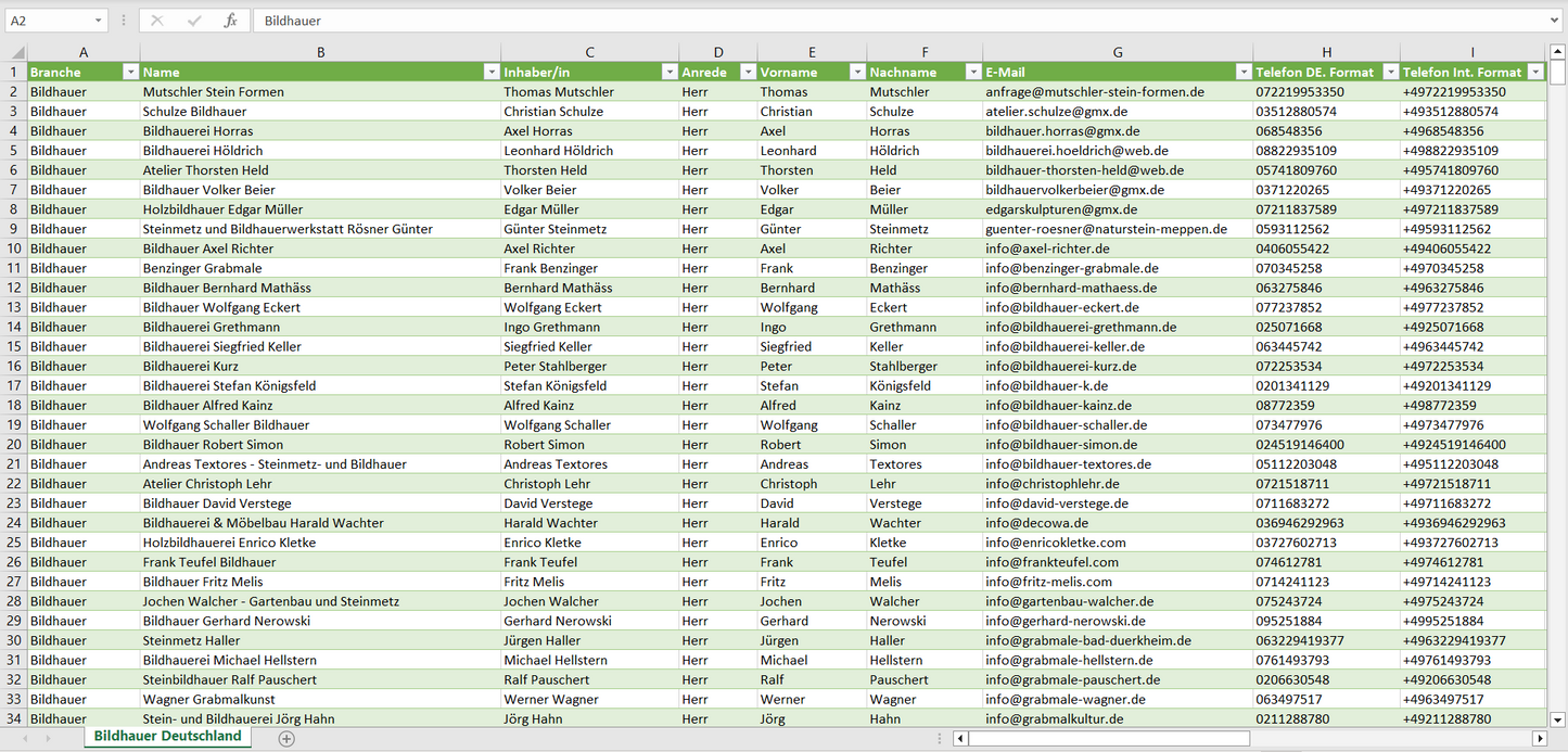 Vorschau der Liste mit den Bildhauer Adressen