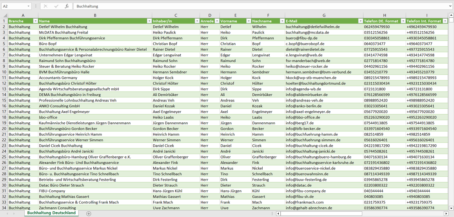 Vorschau der Liste mit den Adressen von Buchhaltungsbüros