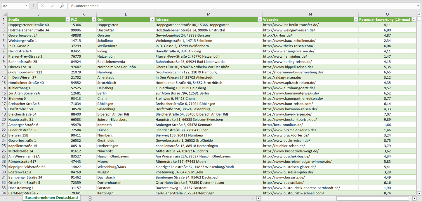 Weitere Vorschau der Liste mit den Busunternehmen-Adressen