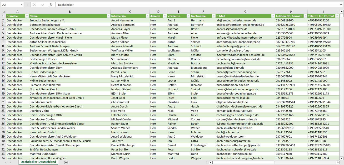 Vorschau der Liste mit den Dachdecker Adressen
