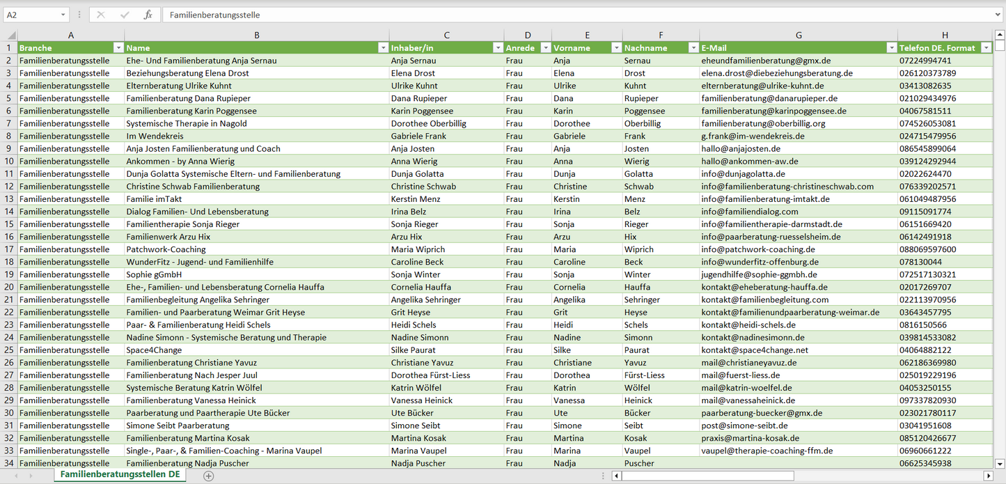 Vorschau der Liste mit den Adressen der Familienberatungsstellen