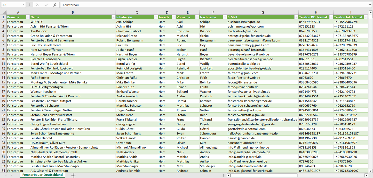Vorschau der Liste mit den Fensterbau Adressen