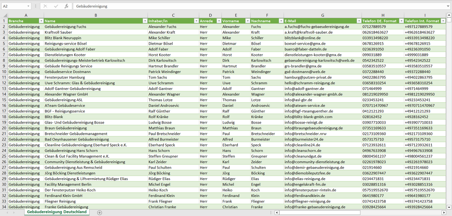Vorschau der Liste mit den Gebäudereinigungs-Adressen