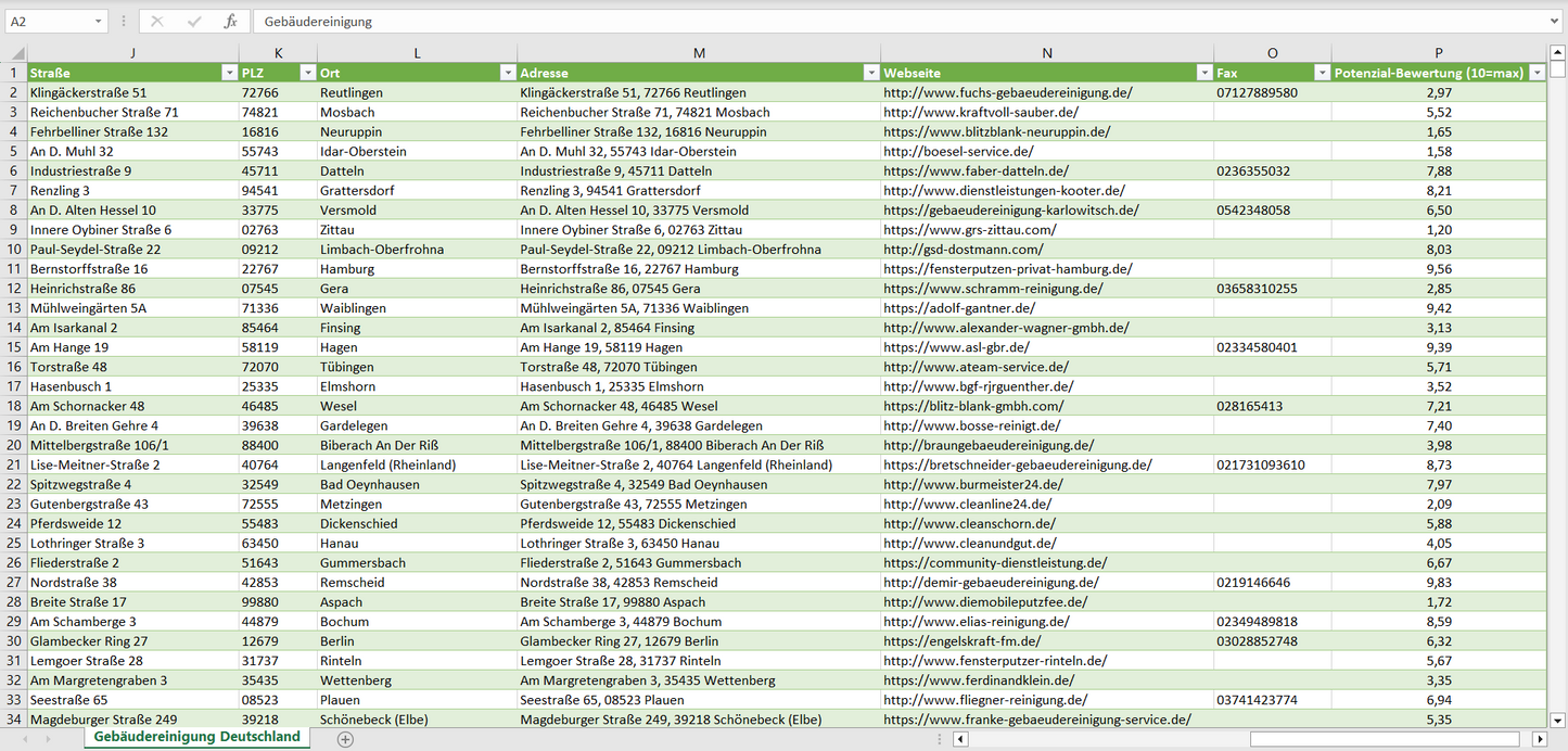 Weitere Vorschau der Liste mit den Gebäudereinigungs-Adressen