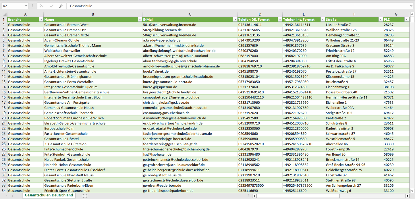 Vorschau der Liste mit den Gesamtschulen Adressen