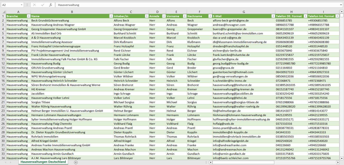 Vorschau der Liste mit Adressen von Hausverwaltungen
