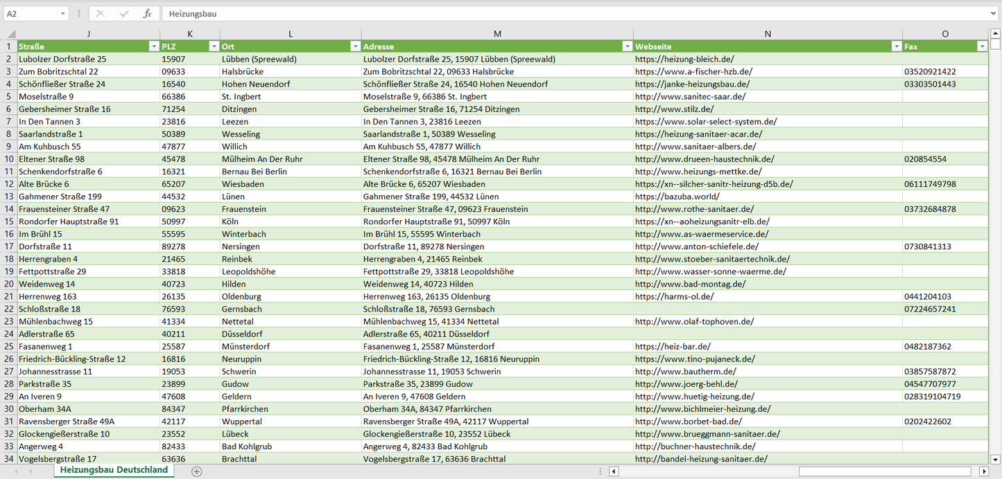Weitere Vorschau der Liste mit den Heizungsbau Adressen