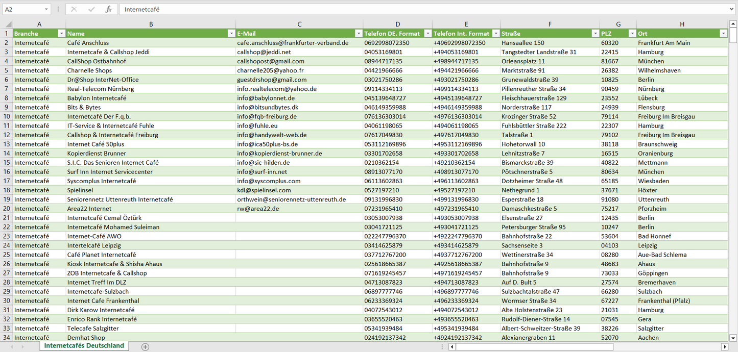 Vorschau der Liste mit den Internetcafé Adressen