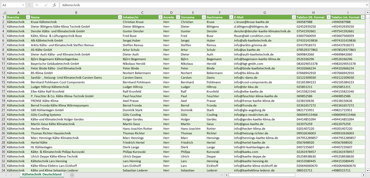 Vorschau der Liste mit den Adressen der Kältetechnik-Betriebe