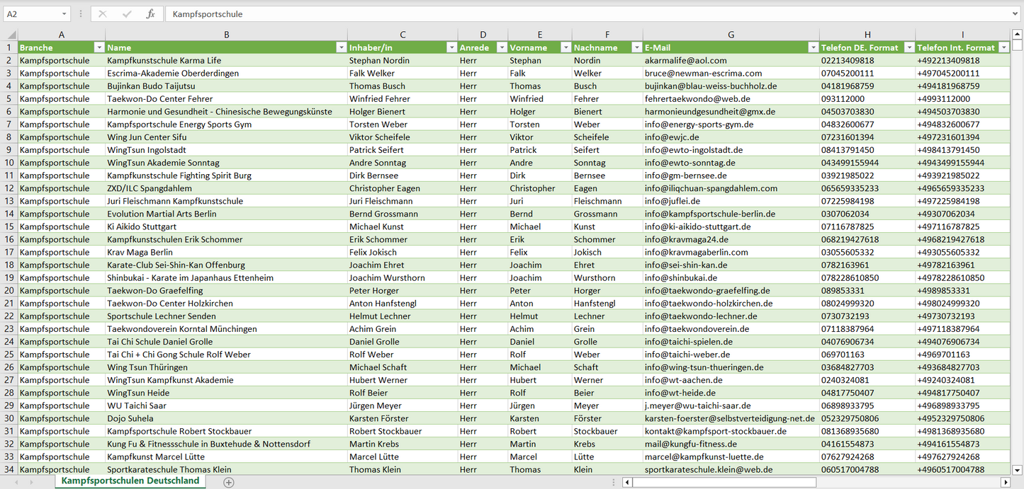 Vorschau der Liste mit den Kampfsportschulen-Adressen