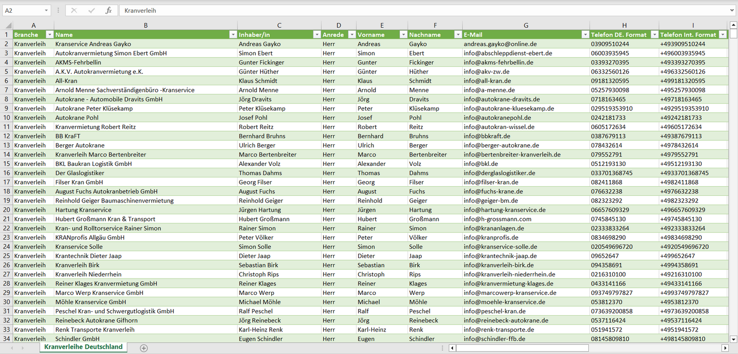 Vorschau der Liste mit den Kranverleih Adressen