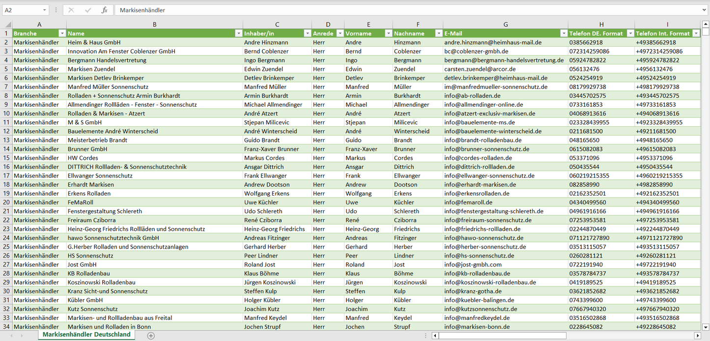 Vorschau der Liste mit den Markisenhändler Adressen