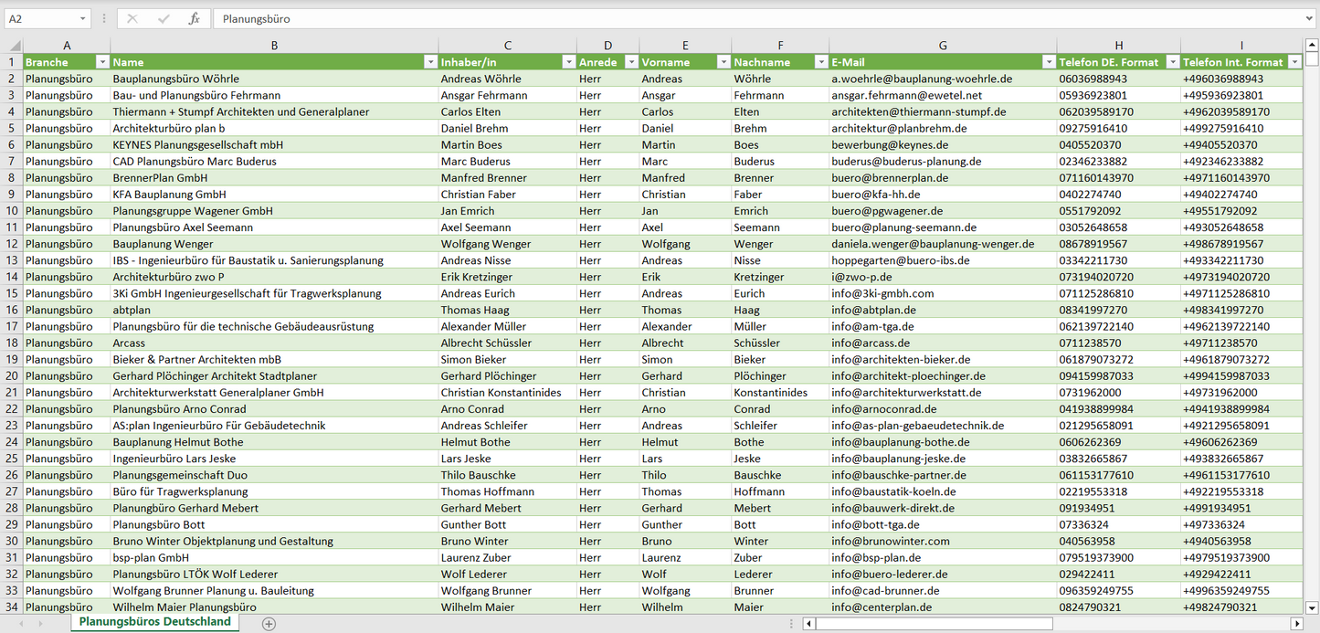 Vorschau der Liste mit den Planungsbüro Adressen