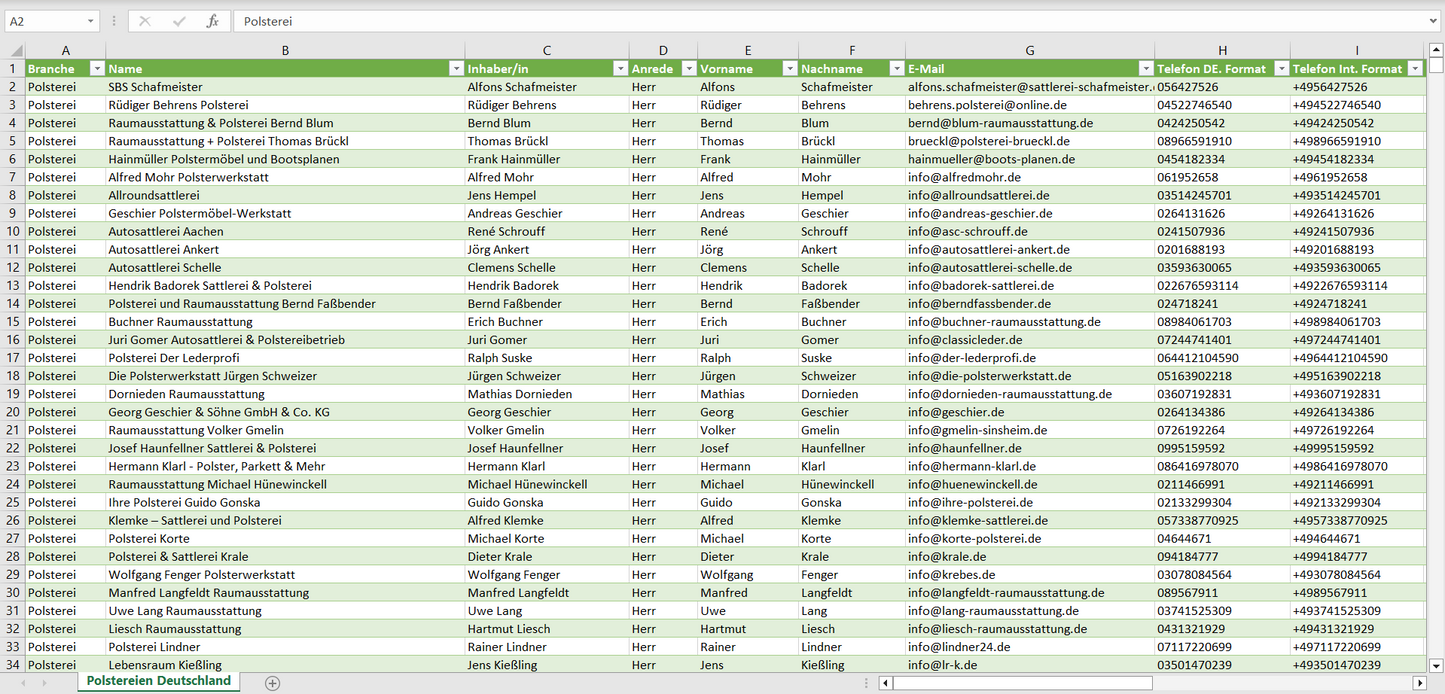 Vorschau der Liste mit den Polsterei Adressen