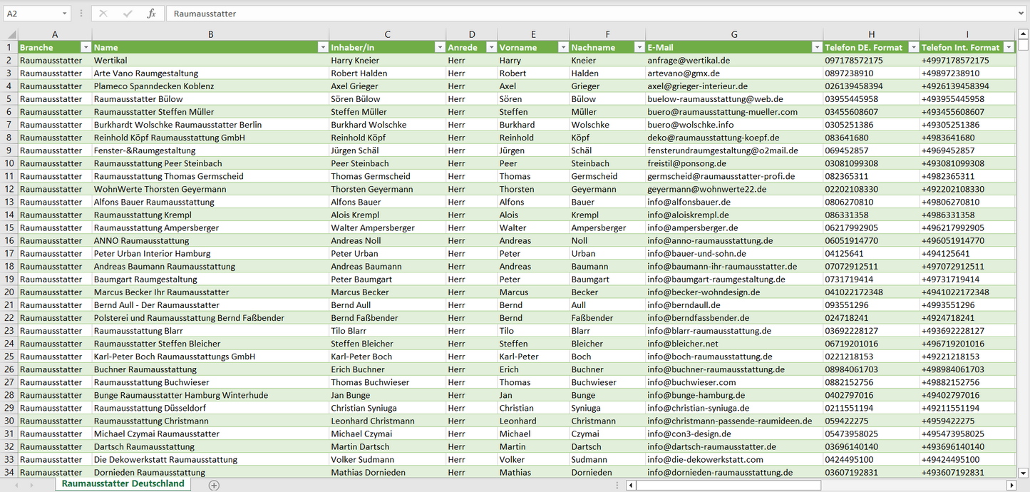Vorschau der Liste mit den Raumausstatter Adressen
