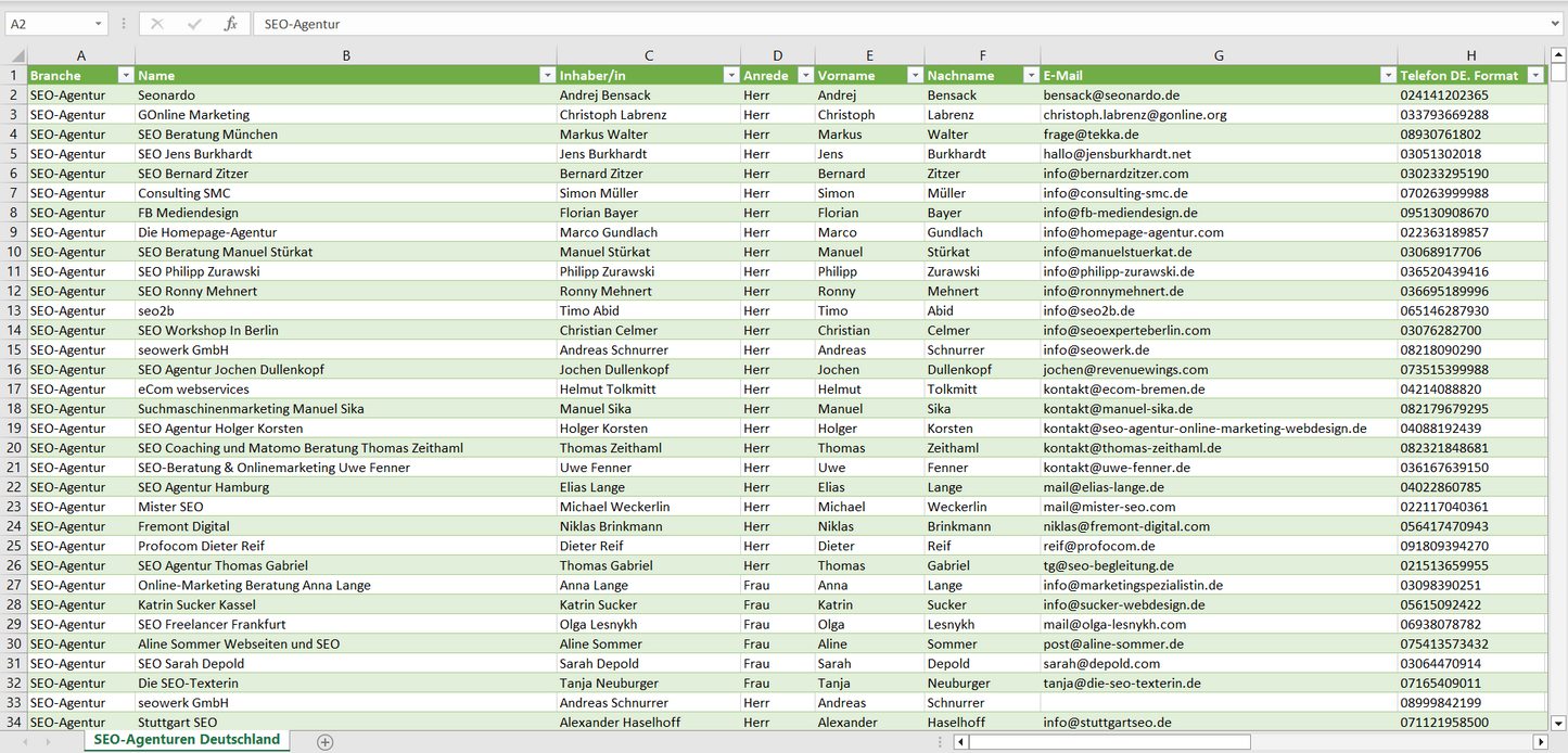 Vorschau der Liste mit den Adressen der SEO-Agenturen
