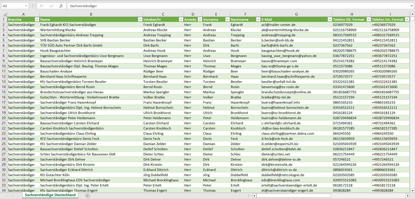 Vorschau der Liste mit den Adressen der Sachverständigenbüros
