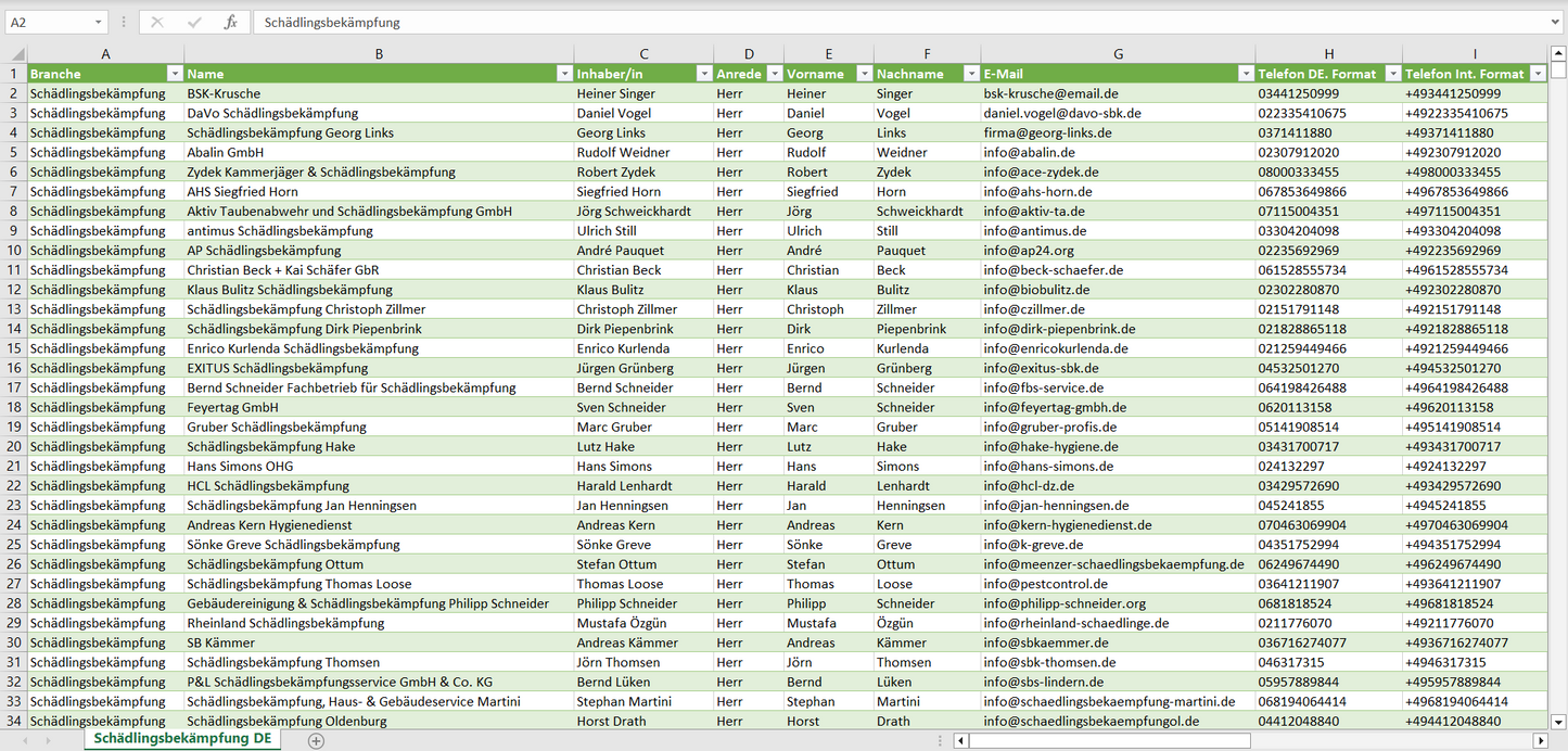 Vorschau der Liste mit den Adressen der Schädlingsbekämpfungsbetrieben