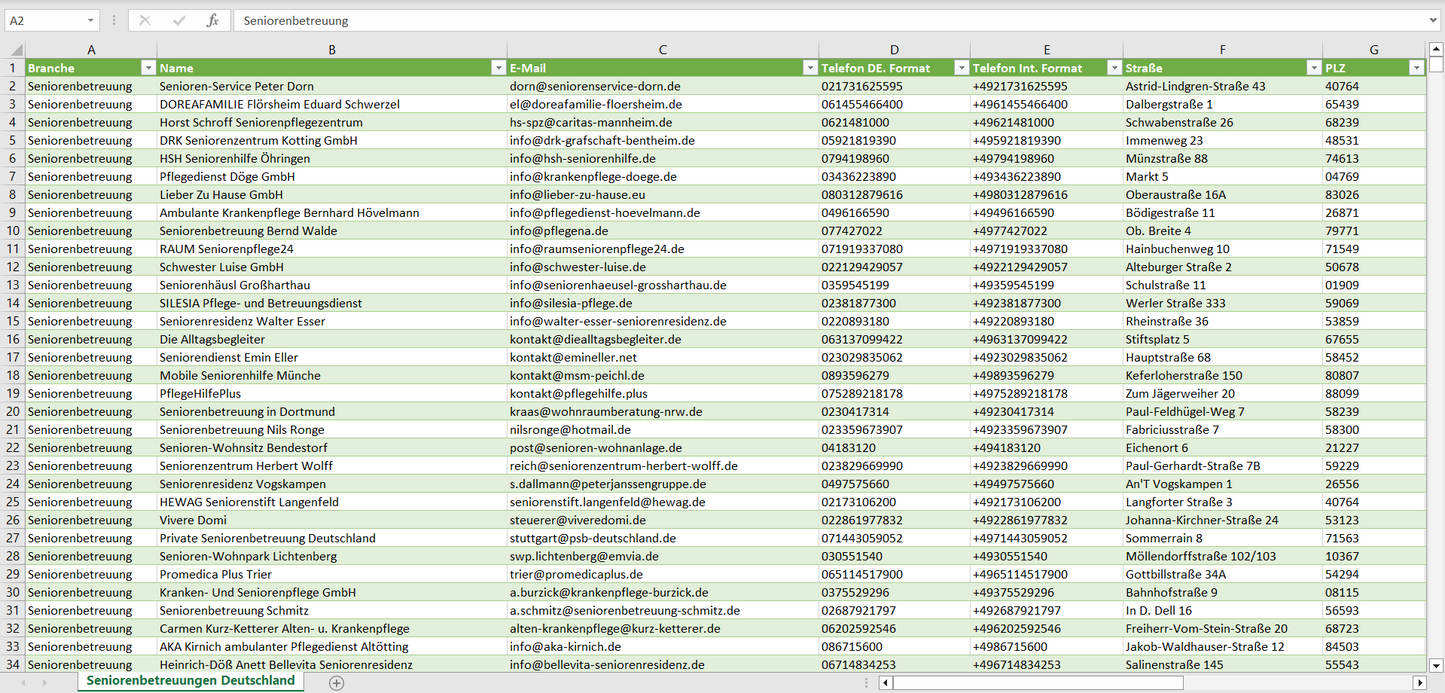 Vorschau der Liste mit den Adressen der Seniorenbetreuungen
