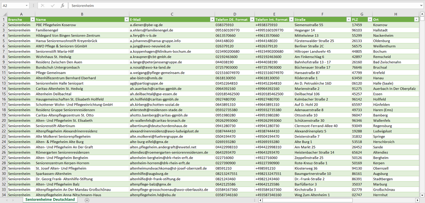 Vorschau der Liste mit den Seniorenheim Adressen