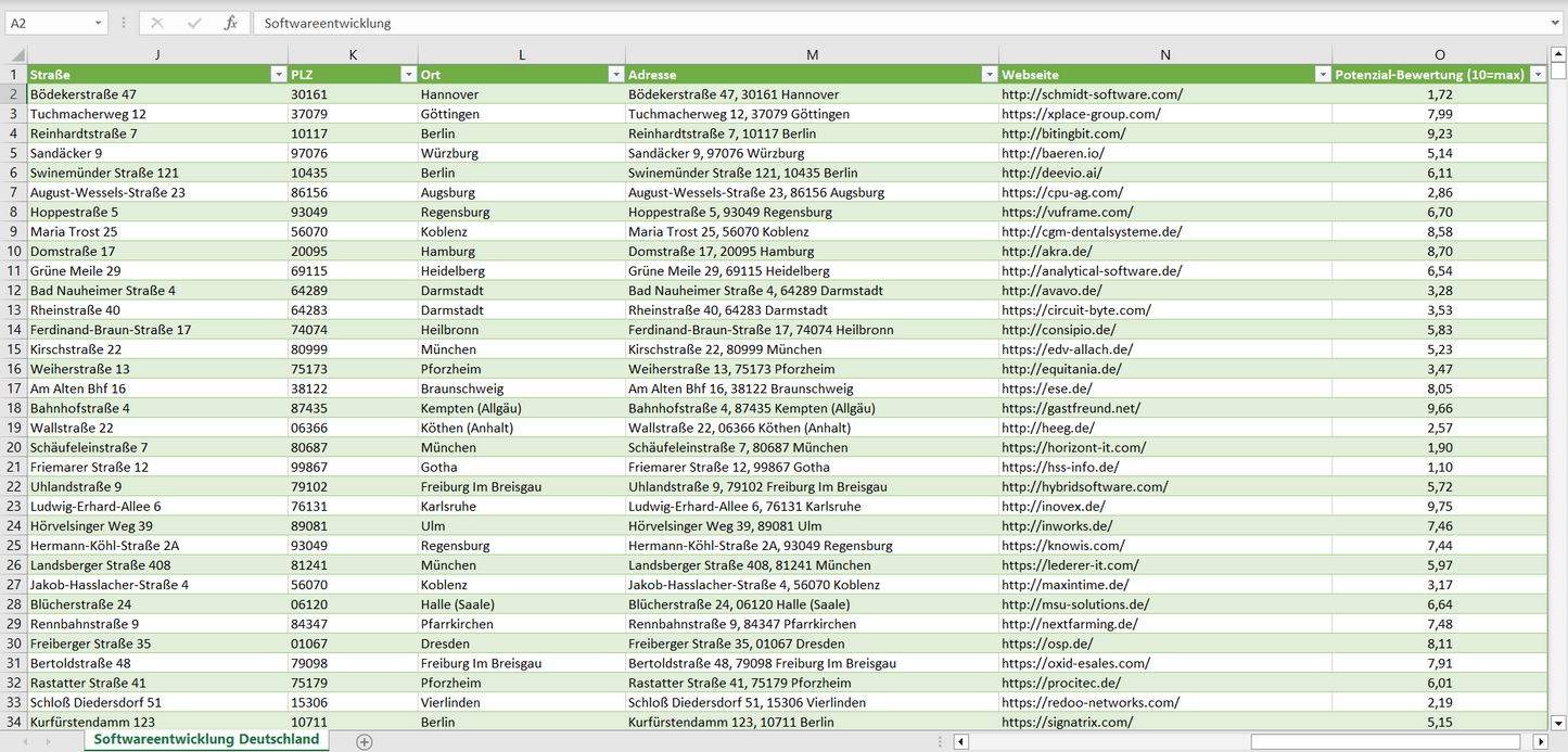 Weitere Vorschau der Liste mit den Adressen der Softwareentwicklungs-Unternehmen