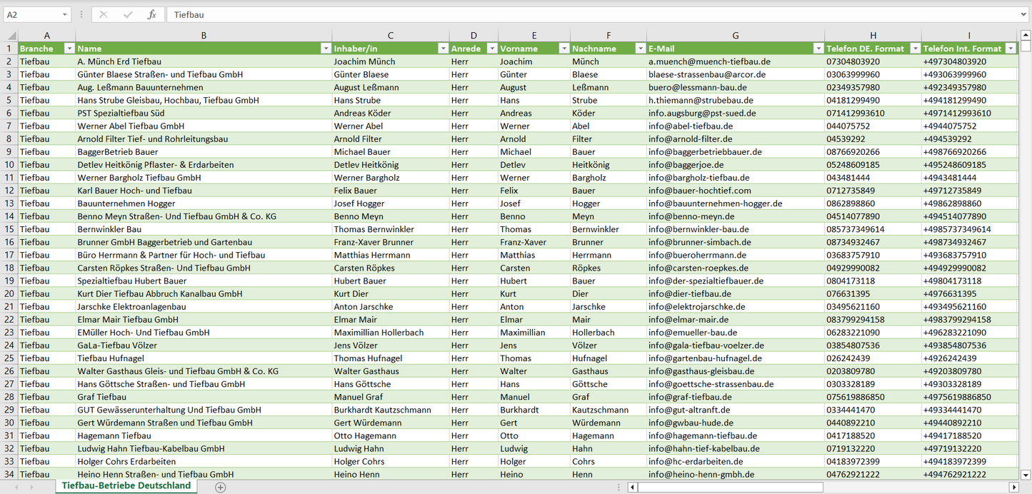 Vorschau der Liste mit den Adressen der Tiefbau-Betriebe