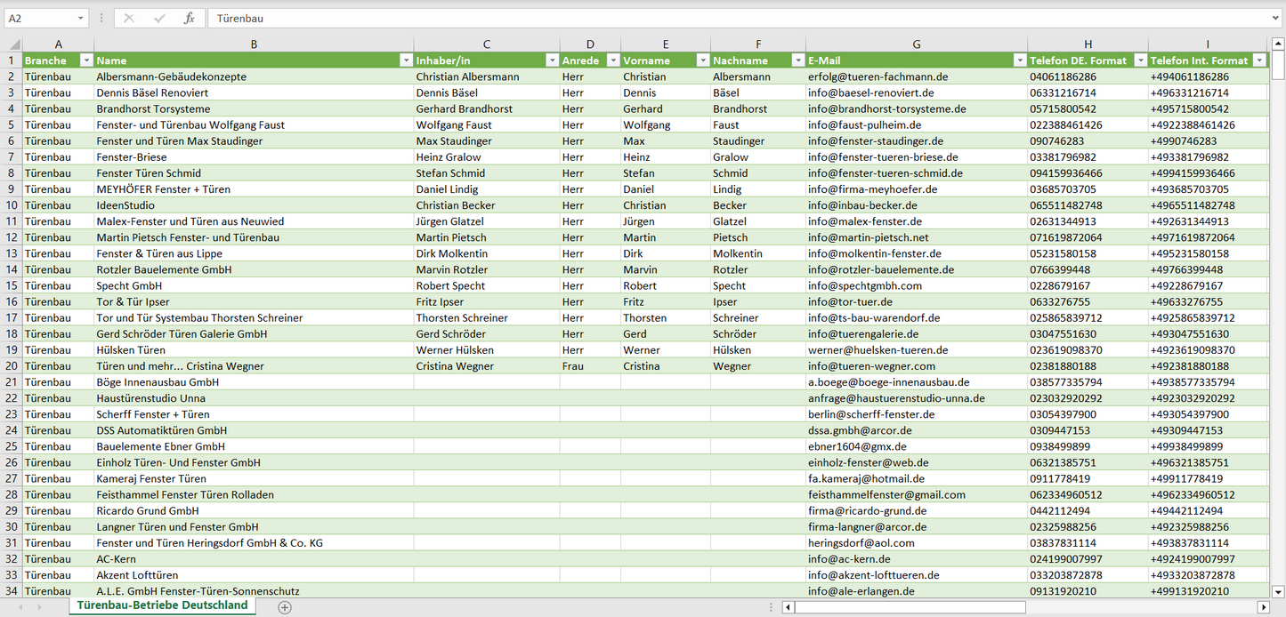 Vorschau der Liste mit den Adressen der Türenbau-Betriebe