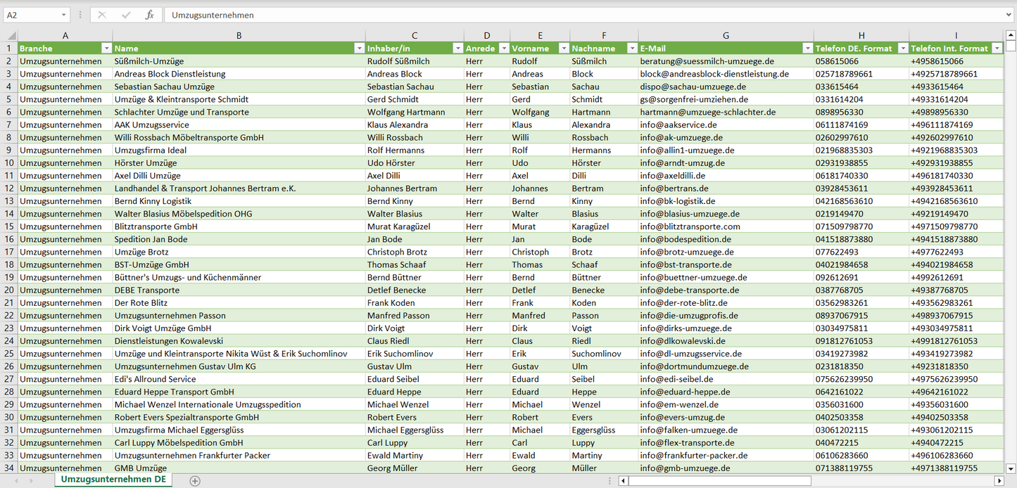 Vorschau der Liste mit den Adressen der Umzugsunternehmen