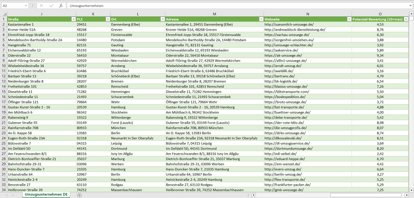 Weitere Vorschau der Liste mit den Adressen der Umzugsunternehmen