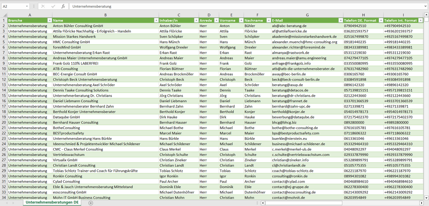 Vorschau der Liste mit den Adressen der Unternehmensberatungen