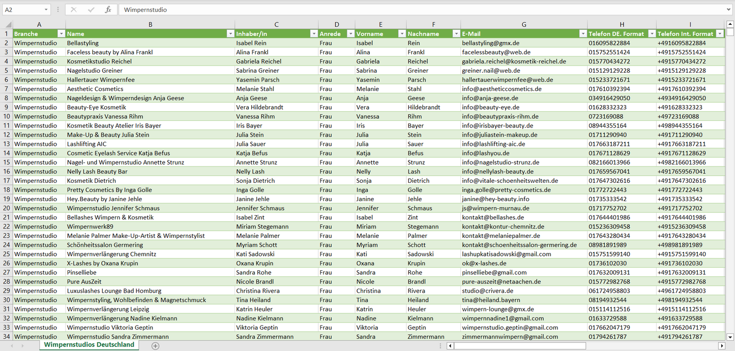 Vorschau der Liste mit den Wimpernstudio Adressen