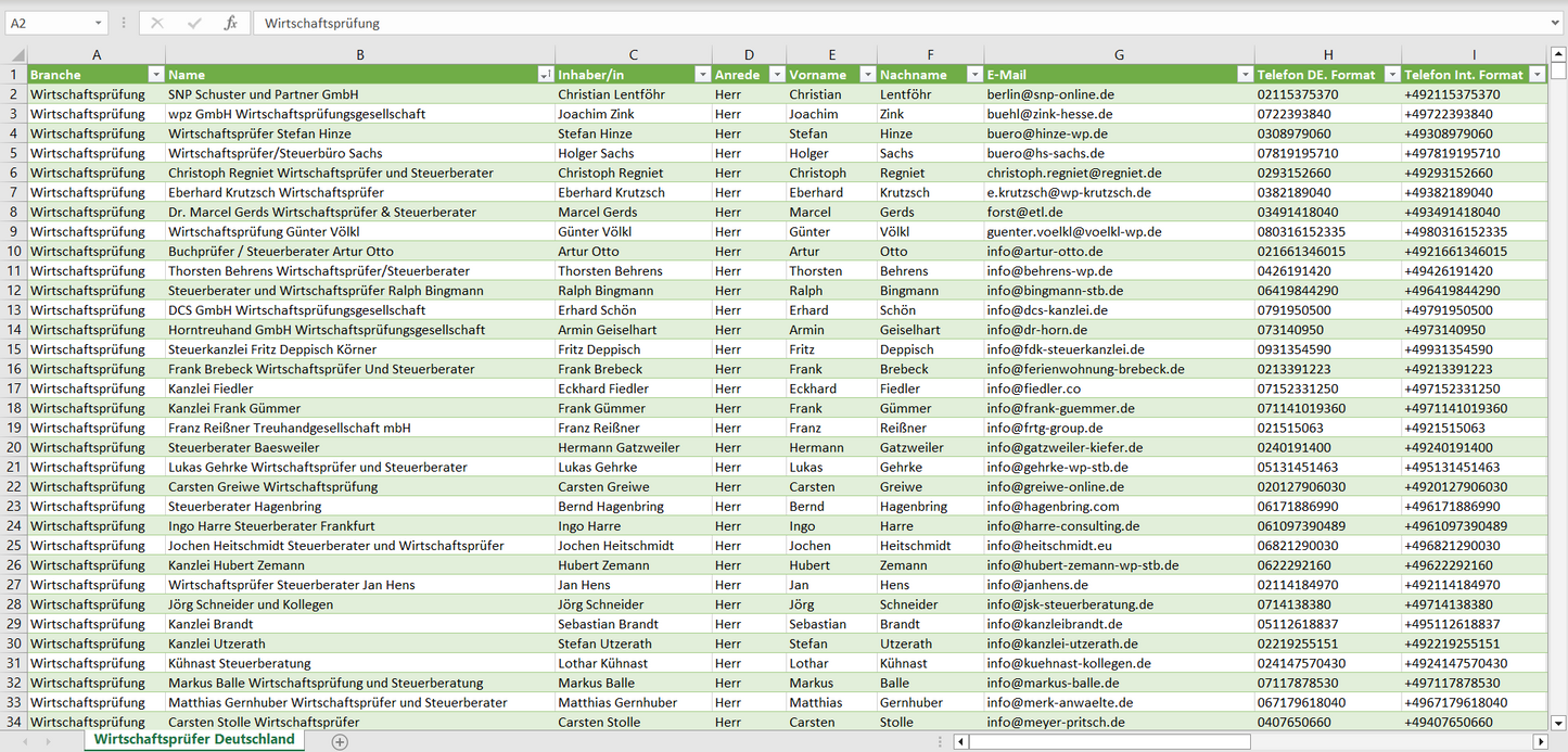 Vorschau der Liste mit den Adressen der Wirtschaftsprüfer