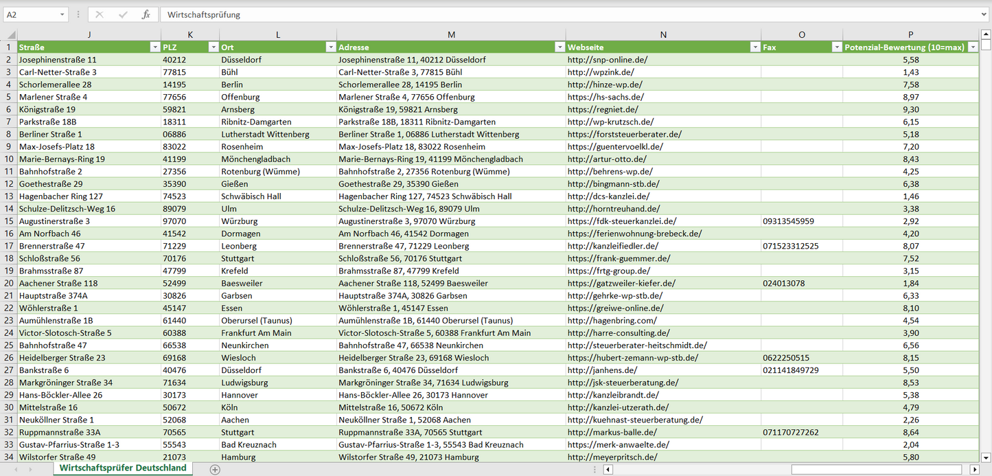 Weitere Vorschau der Liste mit den Adressen der Wirtschaftsprüfer