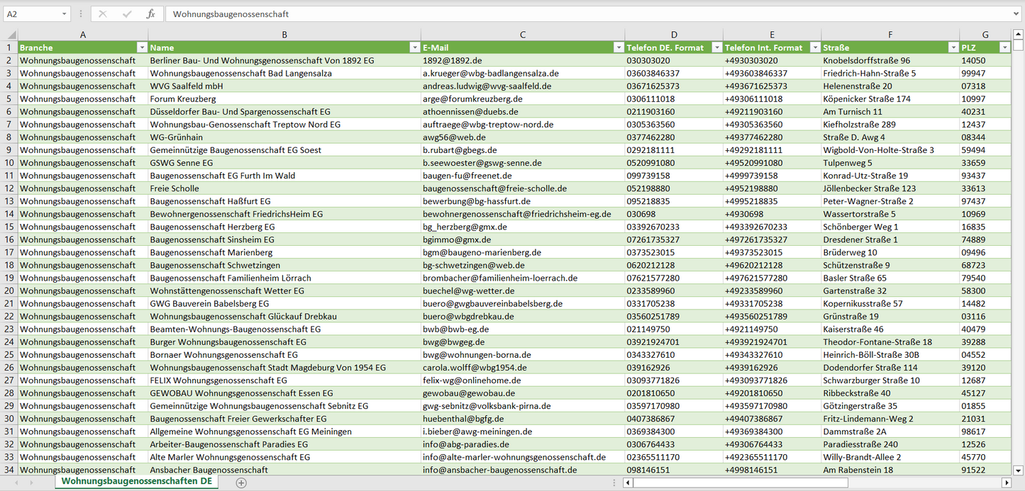 Vorschau der Liste mit den Adressen der Wohnungsbaugenossenschaften