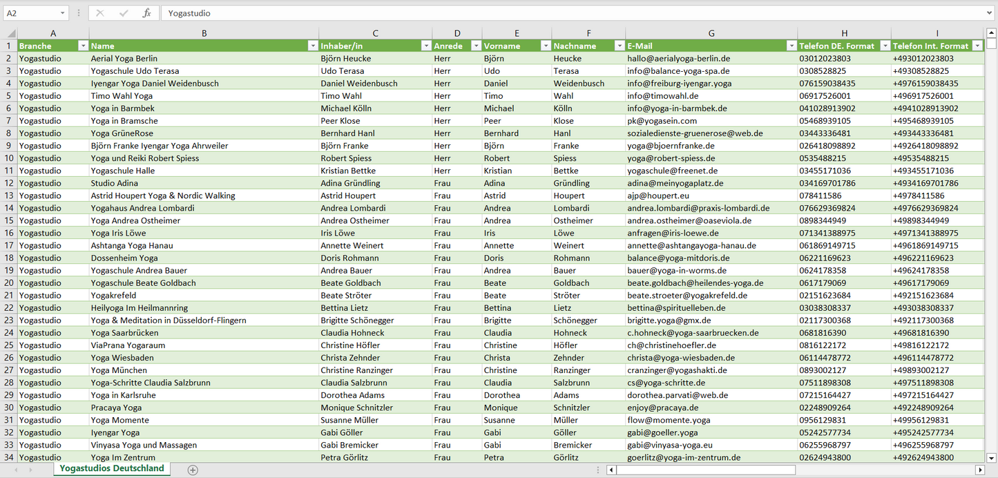 Vorschau der Liste mit den Yogastudio Adressen