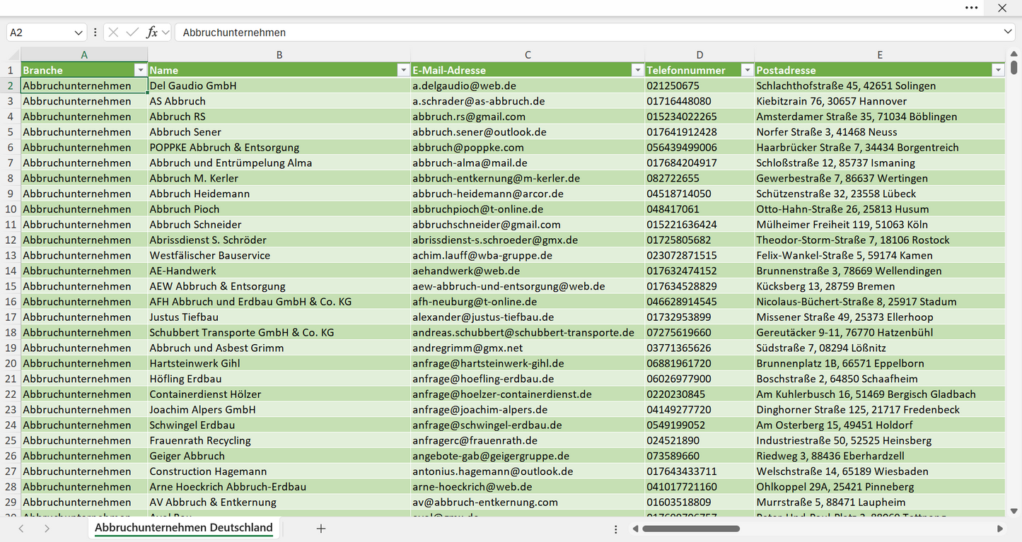 Vorschau der Liste mit den Abbruchunternehmen Adressen