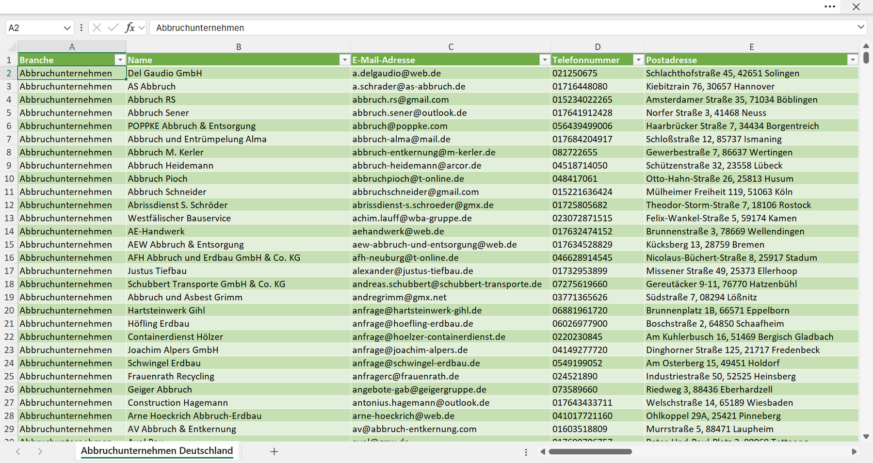 Vorschau der Liste mit den Abbruchunternehmen Adressen