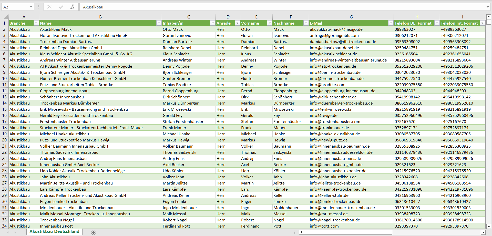 Vorschau der Liste mit den Akustikbau Adressen