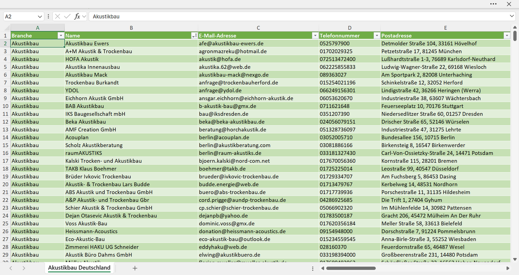 Vorschau der Liste mit den Akustikbau Adressen