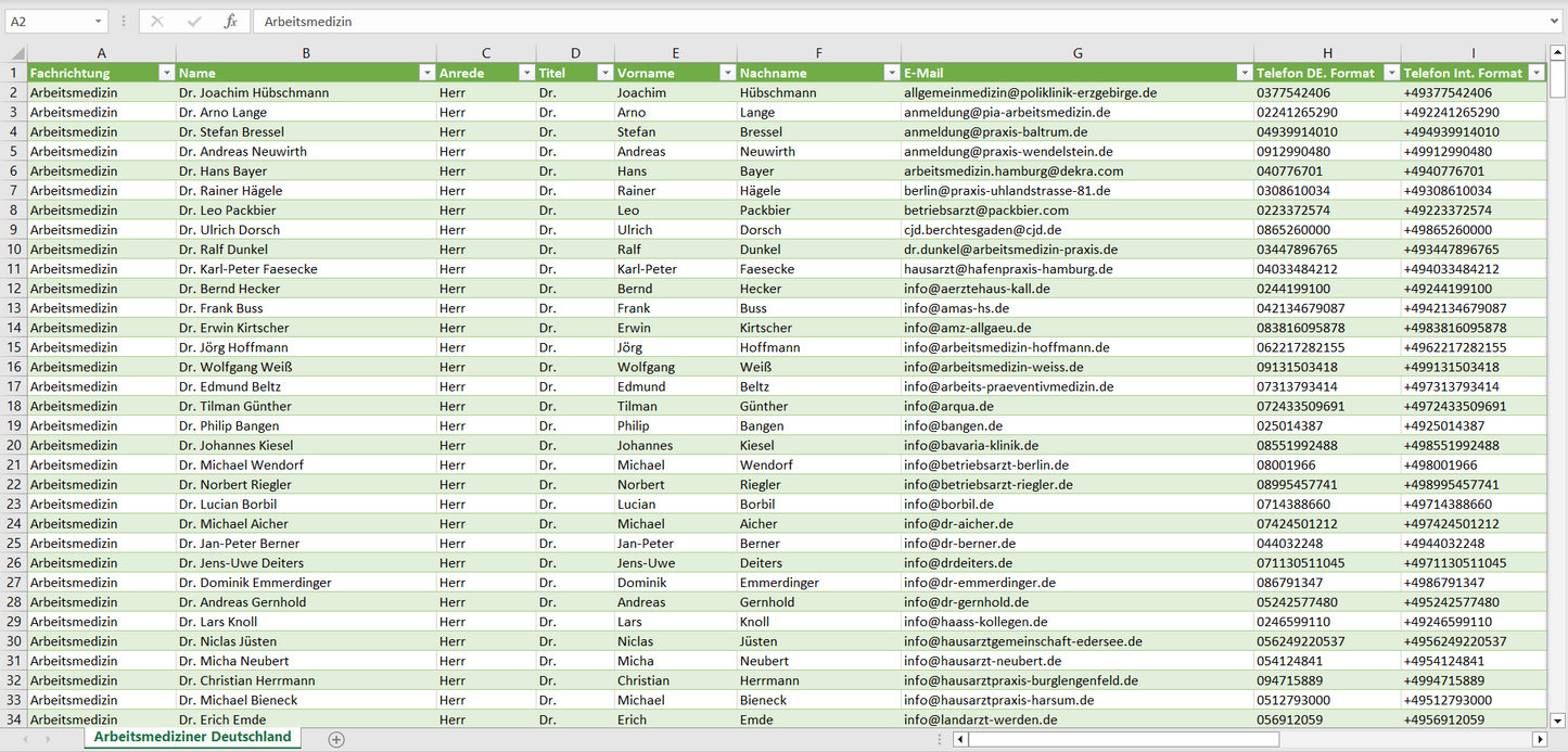 Vorschau der Liste mit den Arbeitsmediziner Adressen