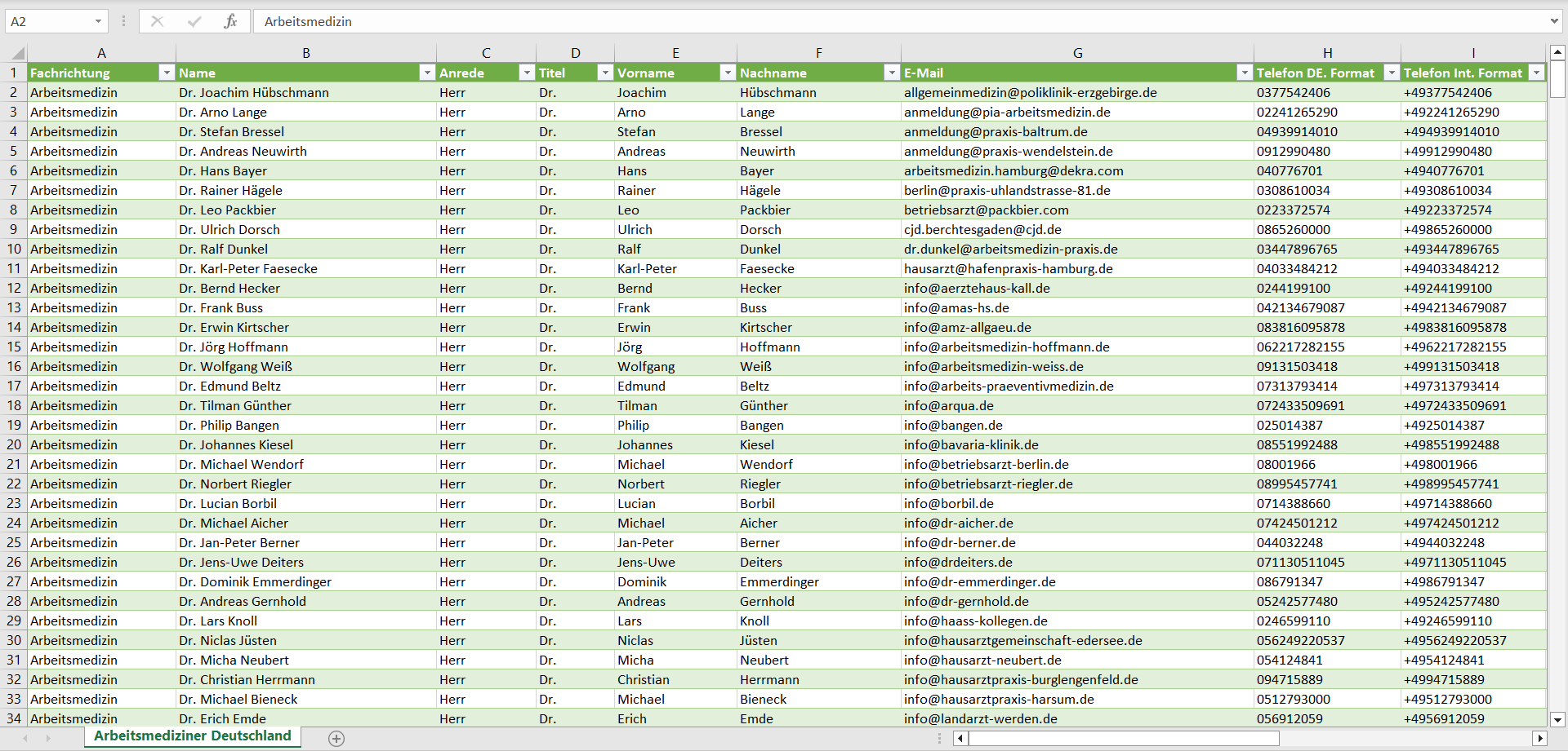 Vorschau der Liste mit den Arbeitsmediziner Adressen