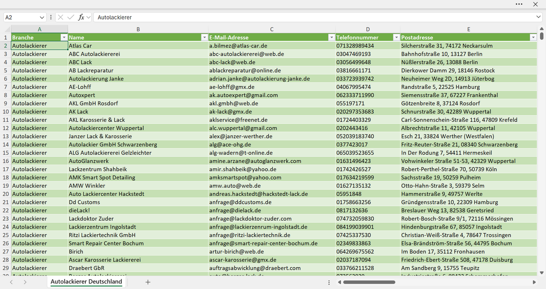Vorschau der Liste mit den Autolackierer Adressen
