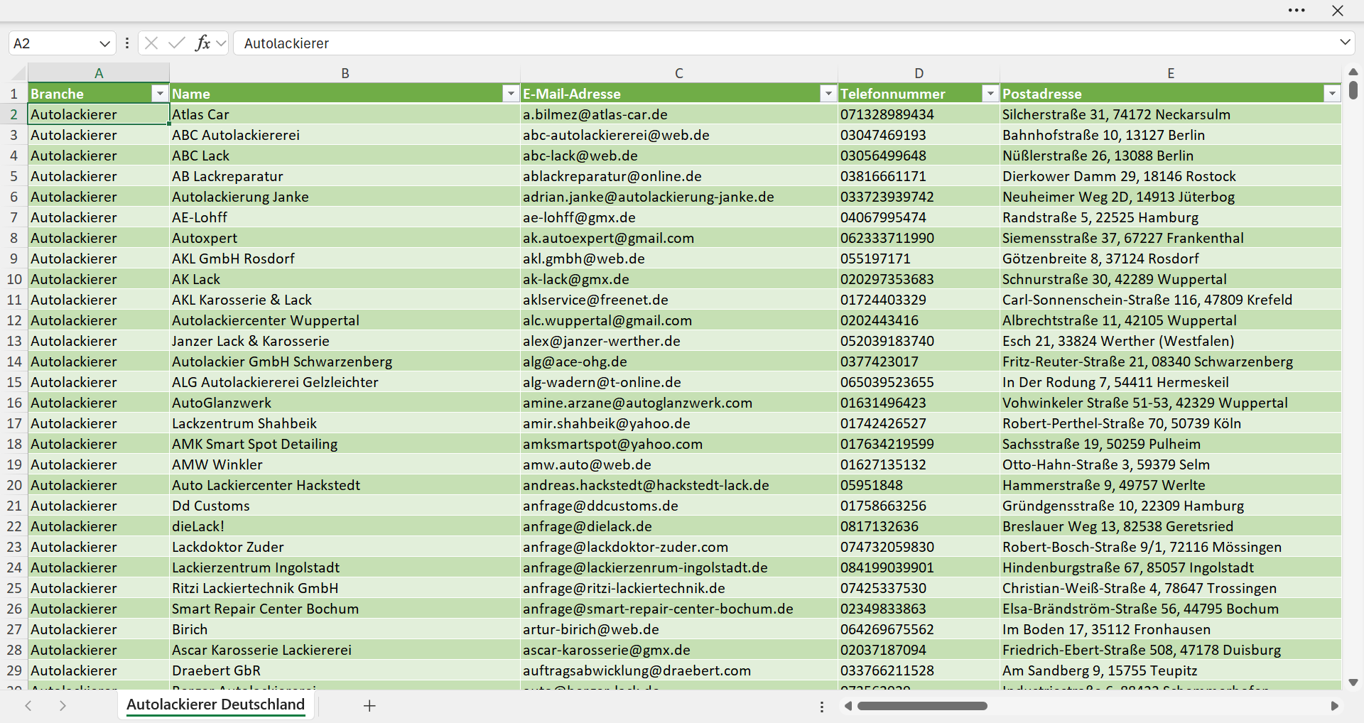 Vorschau der Liste mit den Autolackierer Adressen