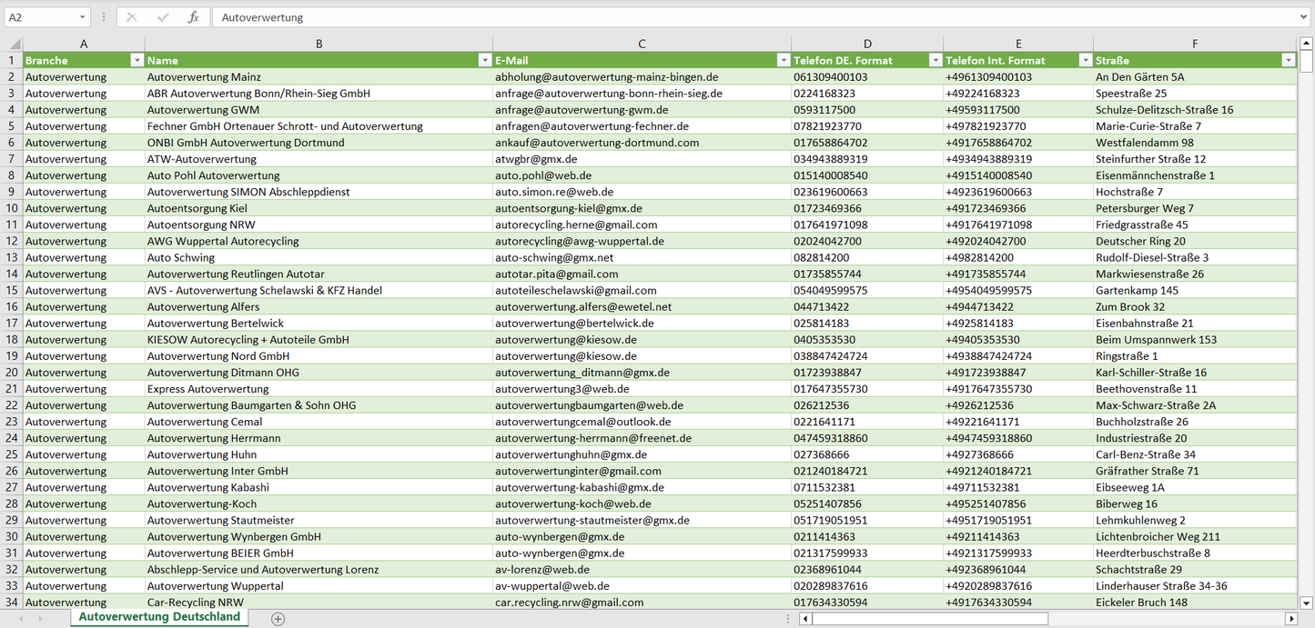 Vorschau der Liste mit den Autoverwertungs-Adressen