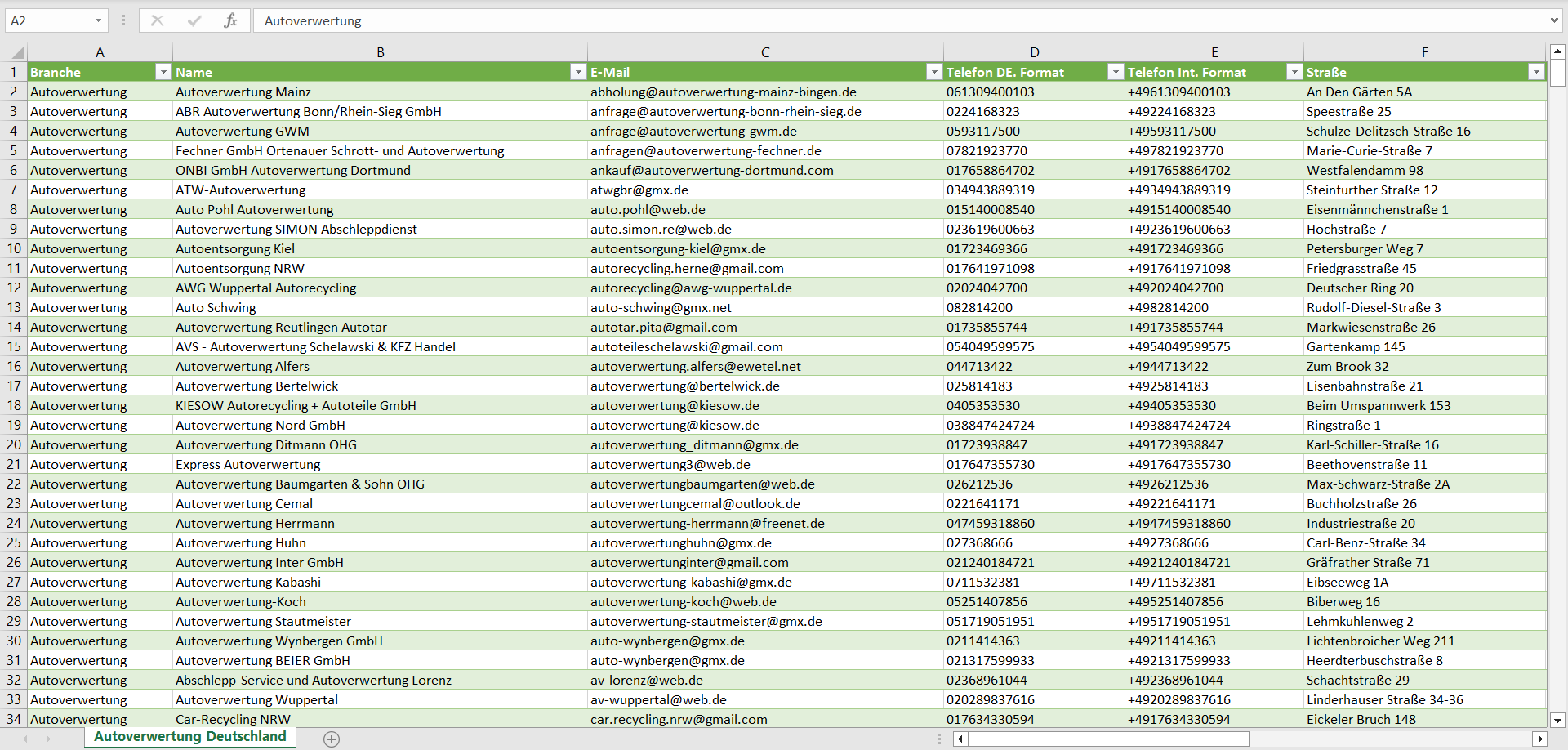 Vorschau der Liste mit den Autoverwertungs-Adressen