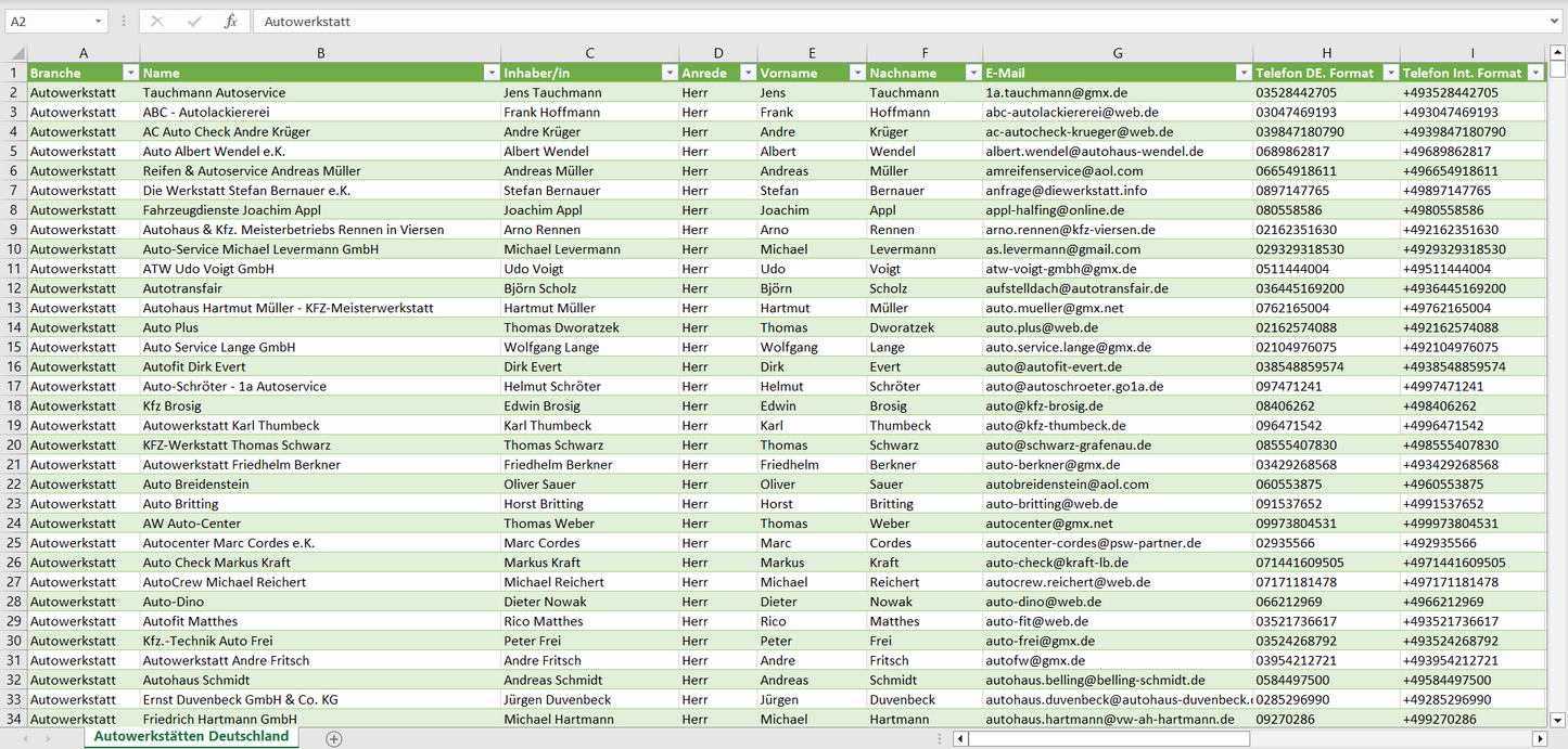 Vorschau der Liste mit den Autowerkstatt Adressen